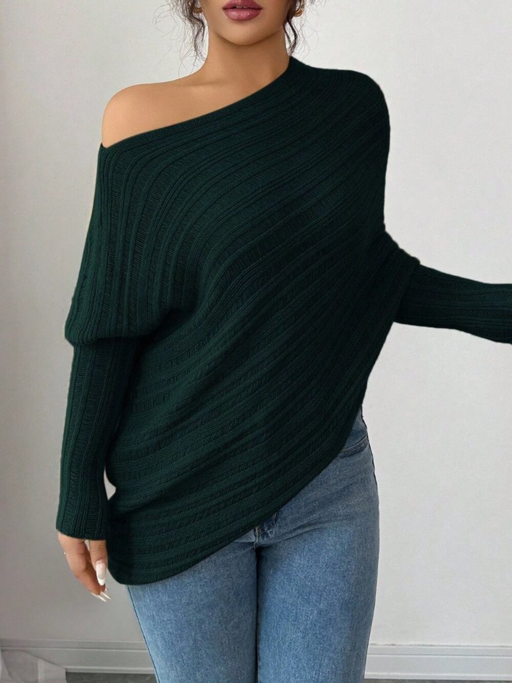 Dark Green Casual Women's Asymmetrical Rib-Knit Batwing Pullover - Picture 3 of 7